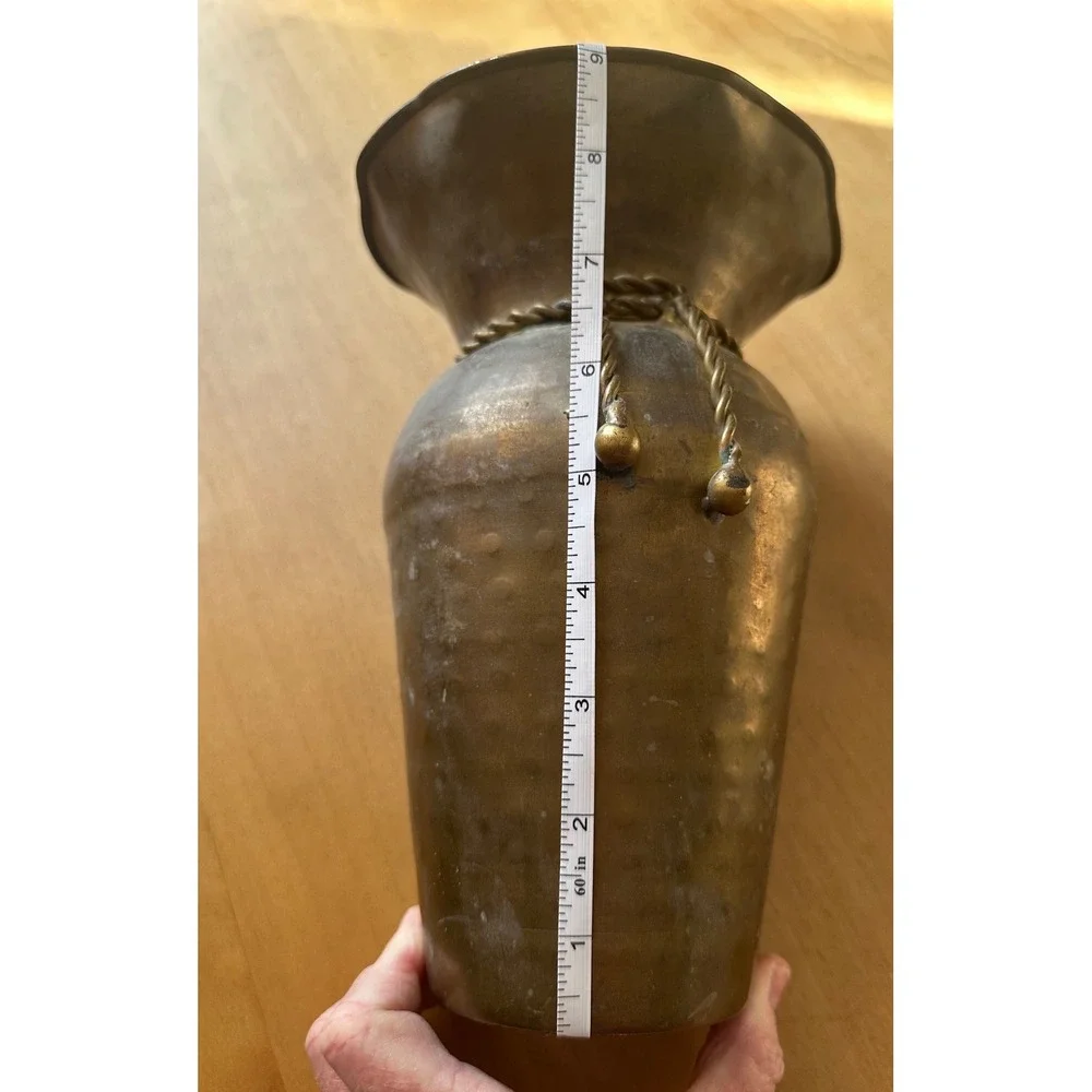 Vintage Hammered Brass Vase Ruffled Scalloped Rim Twisted Rope Detail 9‎ Inch